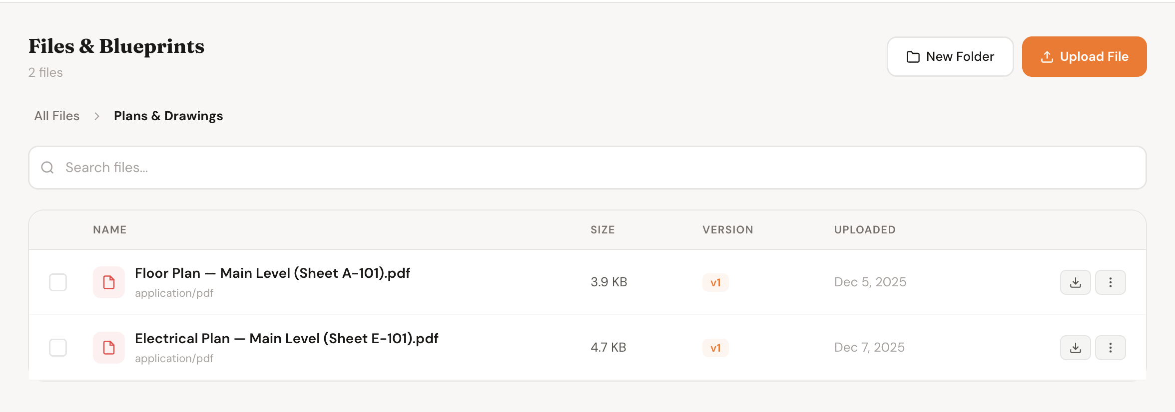 Folder view showing organized categories: Plans, Permits, Contracts, Reports, Photos