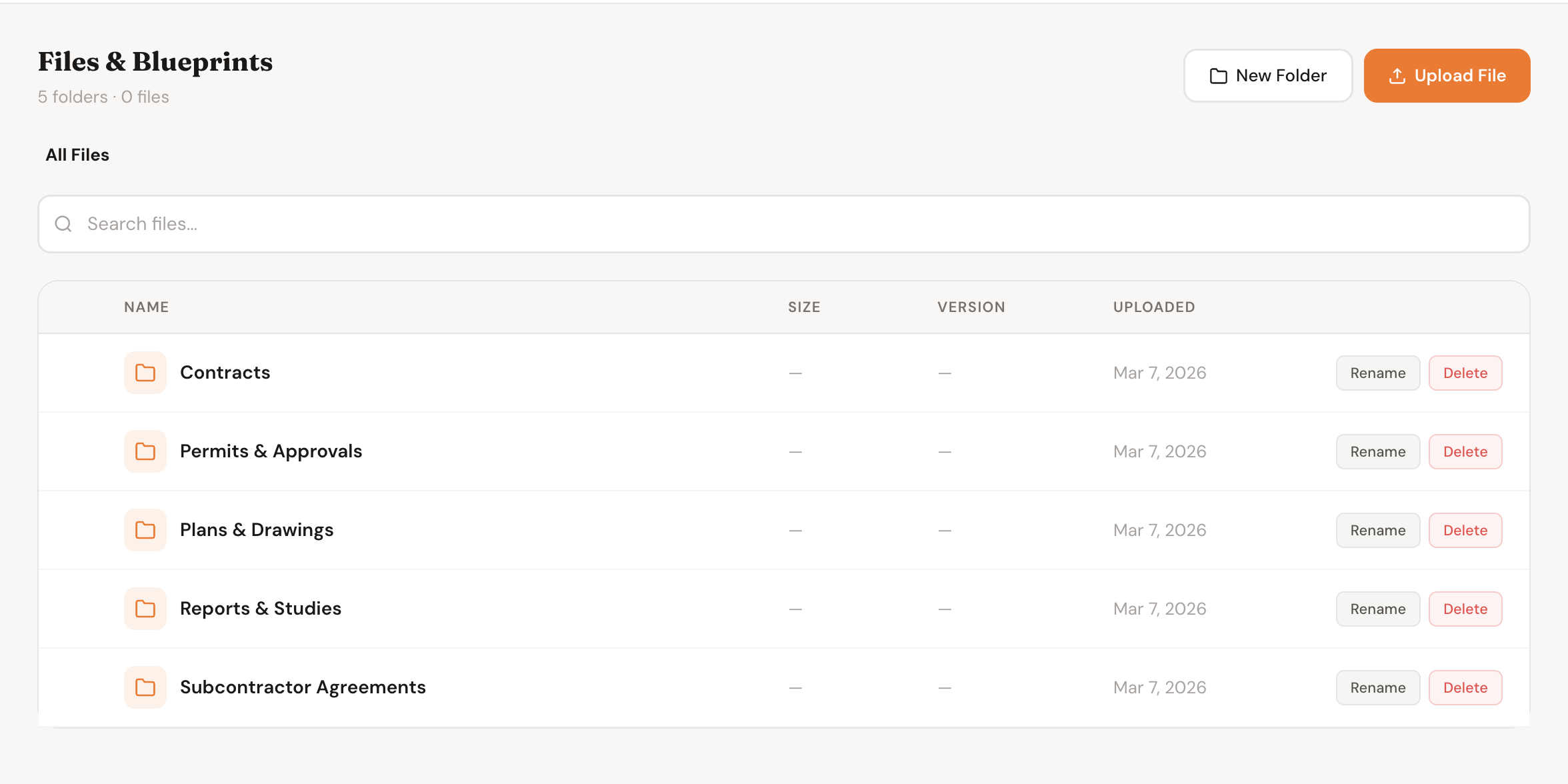 Files overview showing folders for contracts, plans, permits, and reports with recent uploads