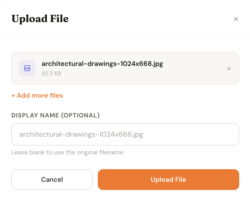 File upload interface with drag-and-drop area, file name, category selector, and notes field