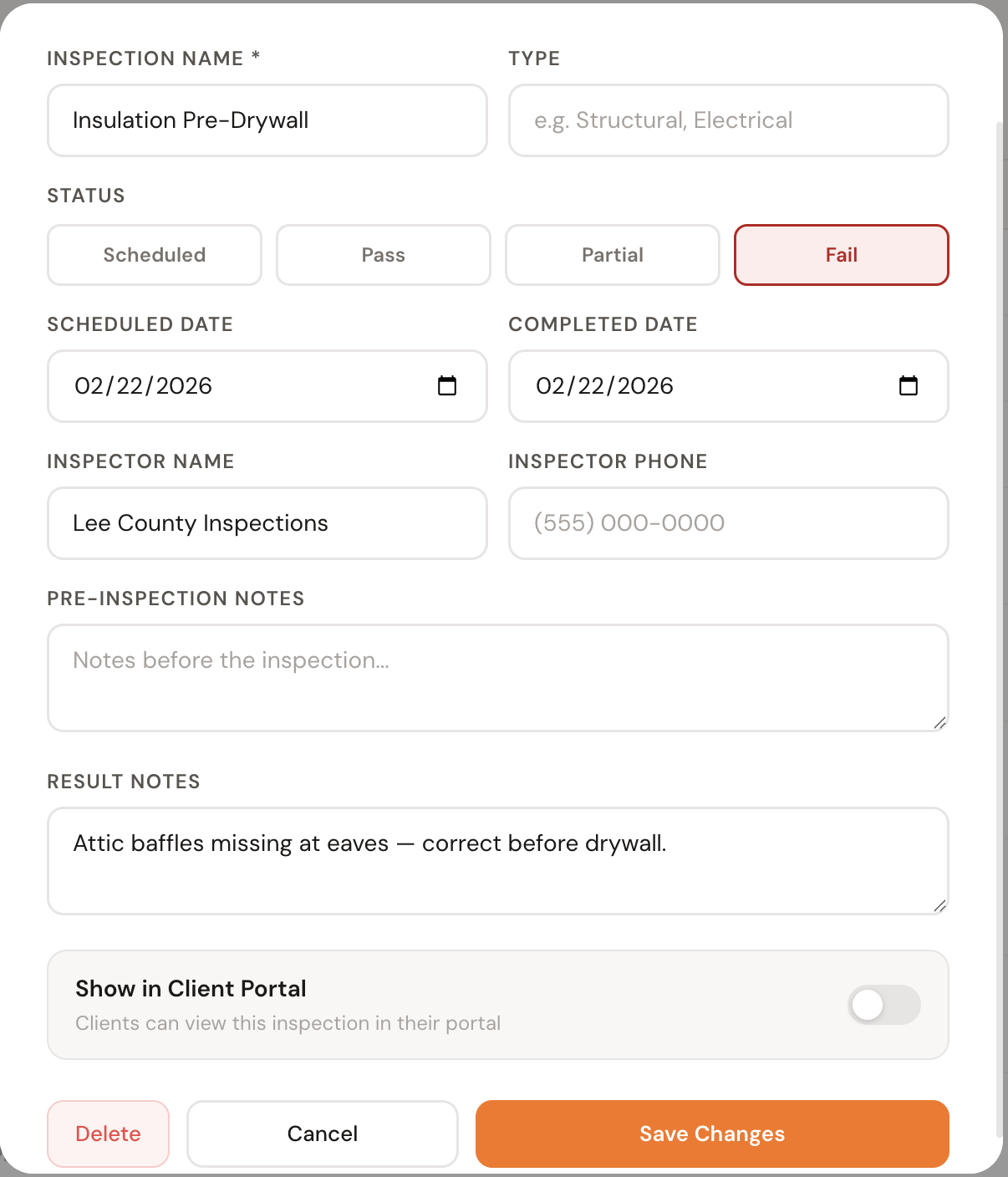 Inspection detail modal showing result status, inspector info, and result notes fields