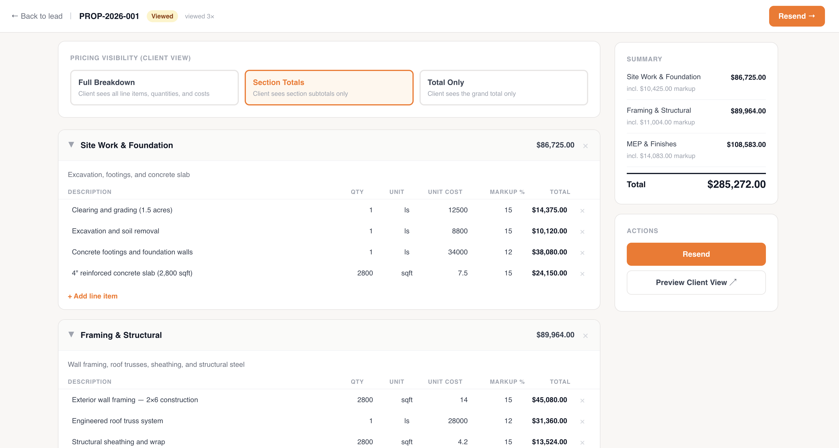 Proposal builder with sections, line items, quantities, markup, and summary panel