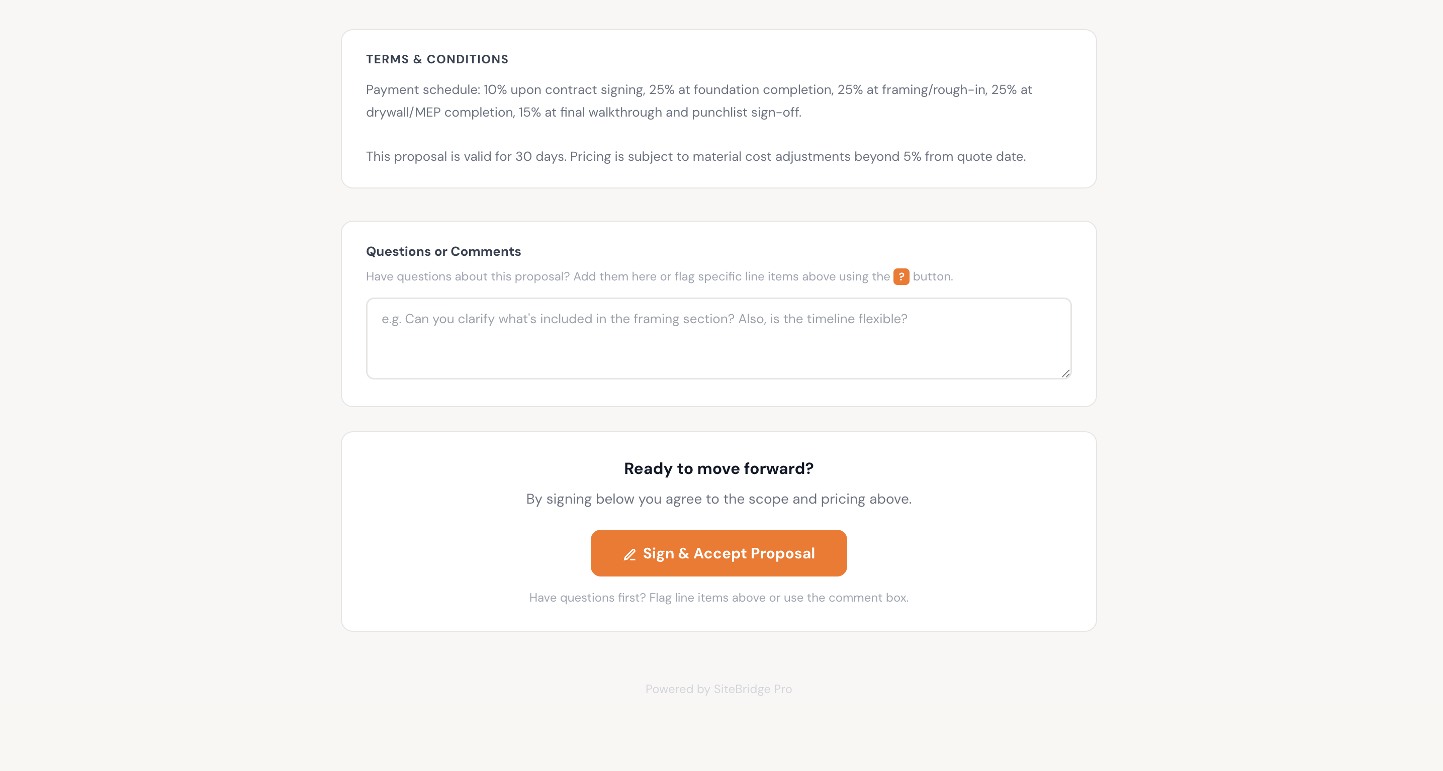 Client signing page with digital signature input and accept button