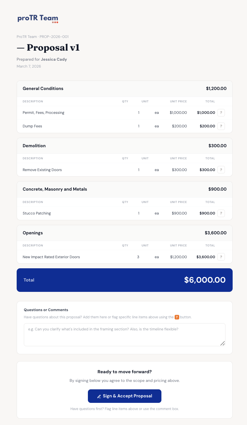 Client-facing proposal page showing scope, pricing, and terms before signing