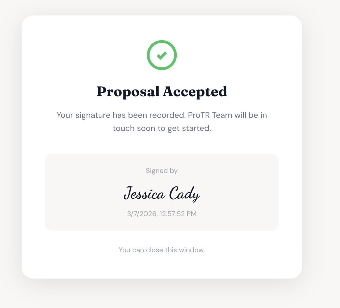 Signed proposal confirmation showing captured signature and signed status