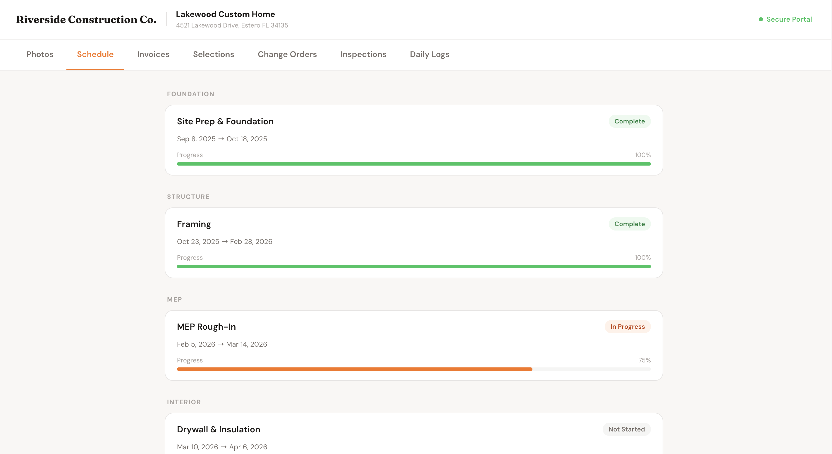 Client portal showing a read-only schedule view with upcoming milestones