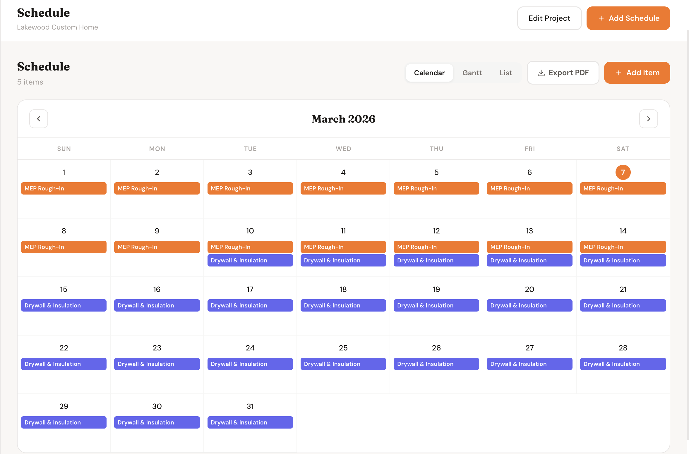 Project schedule showing all tasks, assignees, and timeline in a clear Gantt-style view