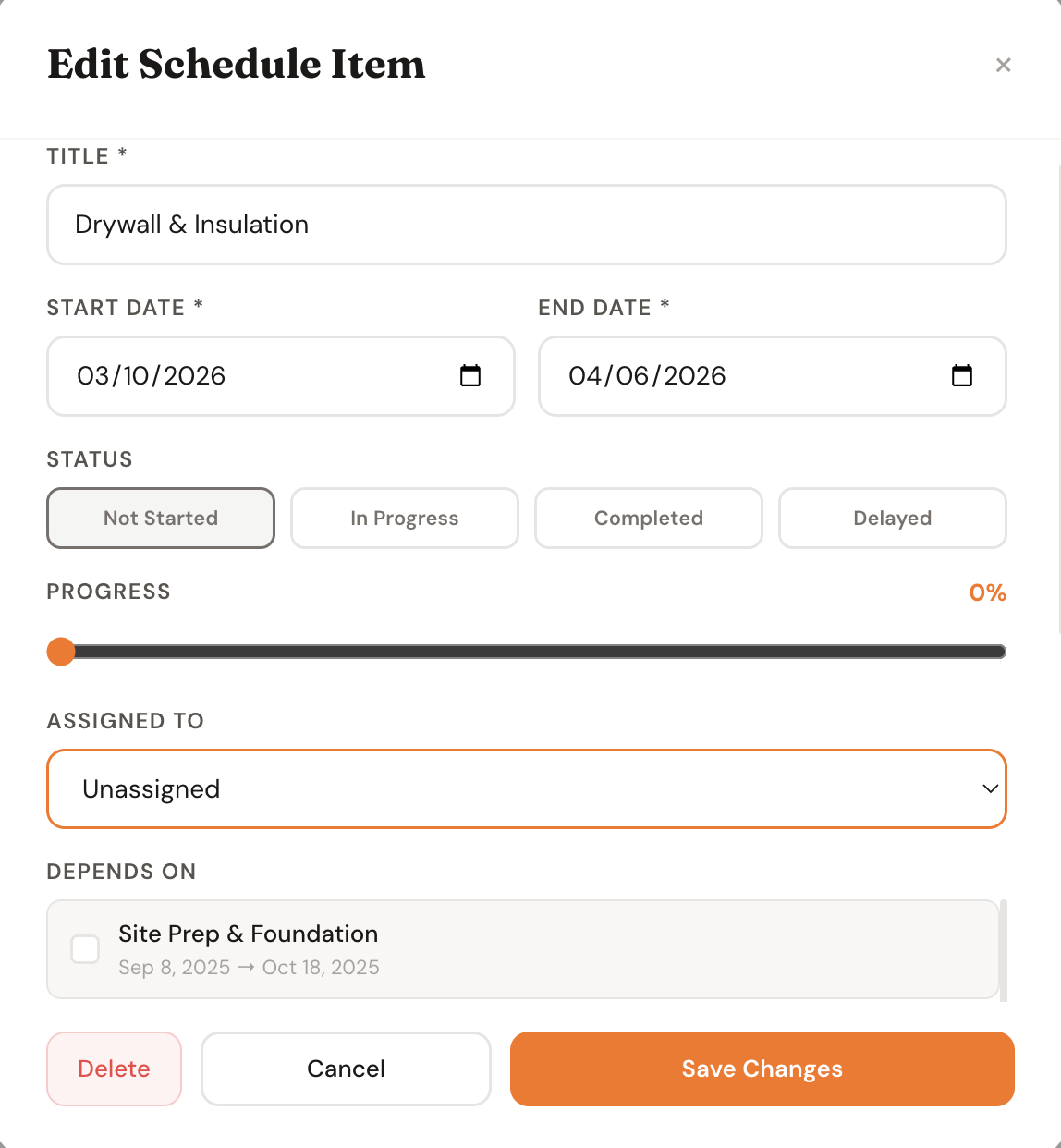 Task detail panel showing assignee, dates, notes, and completion status